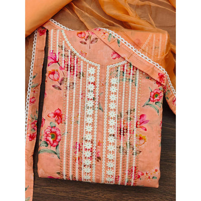 Light Orange Floral Printed With Embroidery Pure Cotton Dress Material