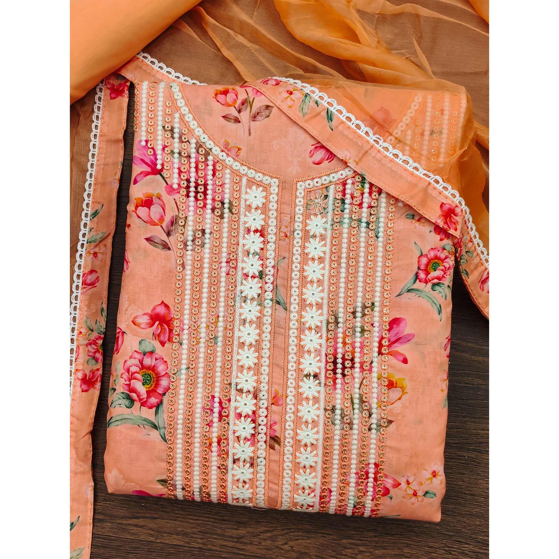 Light Orange Floral Printed With Embroidery Pure Cotton Dress Material