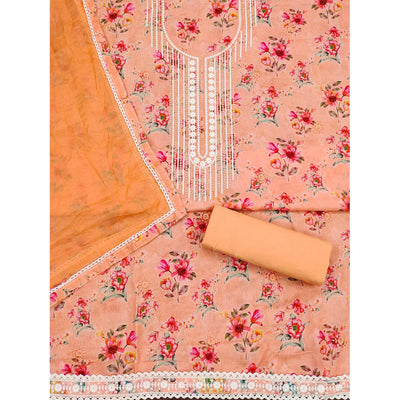 Light Orange Floral Printed With Embroidery Pure Cotton Dress Material