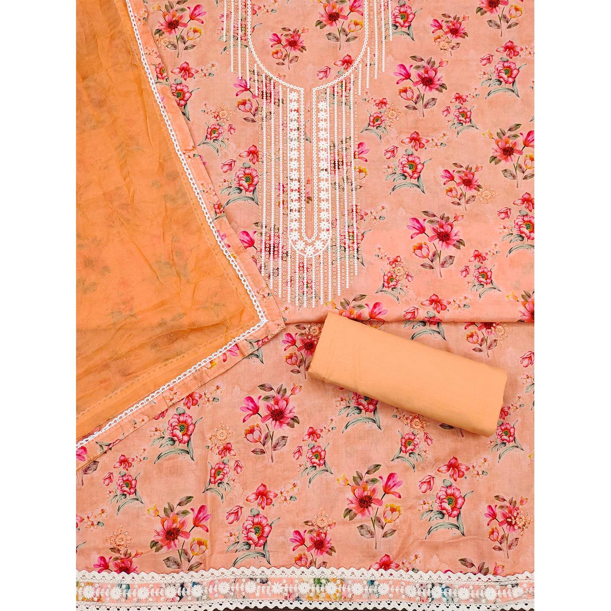 Light Orange Floral Printed With Embroidery Pure Cotton Dress Material