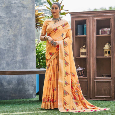 Light Orange Geometric Printed Linen Saree