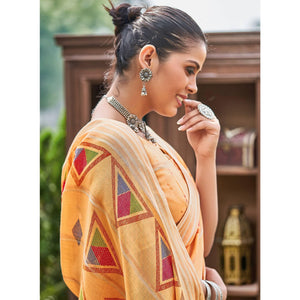 Light Orange Geometric Printed Linen Saree