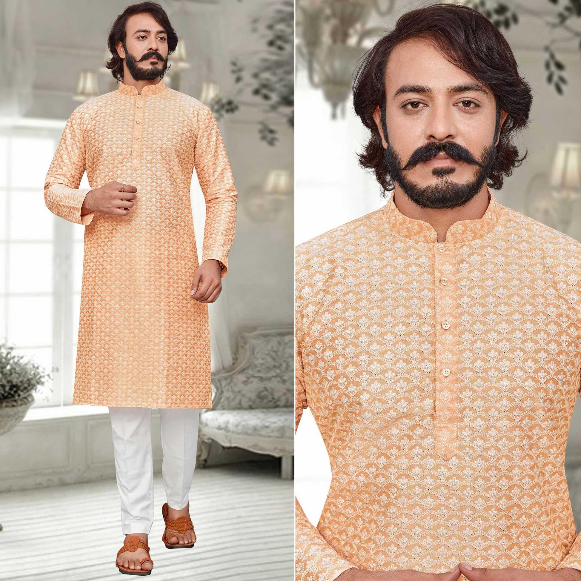Light Orange Lucknowi Work Art Silk Kurta Pyjama Set