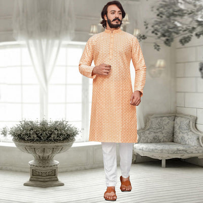 Light Orange Lucknowi Work Art Silk Kurta Pyjama Set