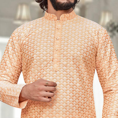 Light Orange Lucknowi Work Art Silk Kurta Pyjama Set