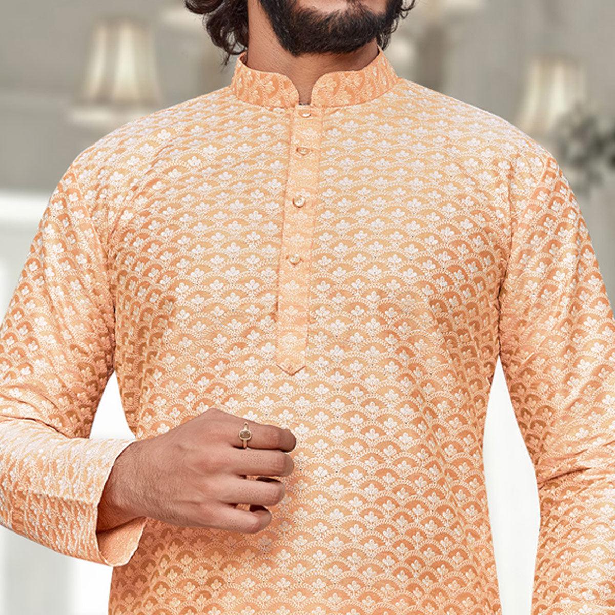 Light Orange Lucknowi Work Art Silk Kurta Pyjama Set