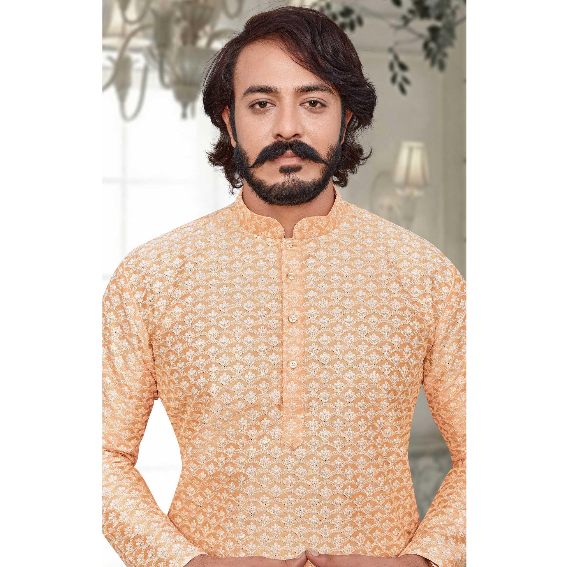 Light Orange Lucknowi Work Art Silk Kurta Pyjama Set