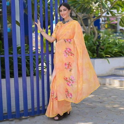 Light Orange Party Wear Digital Printed Georgette Saree
