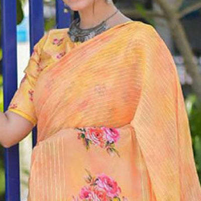 Light Orange Party Wear Digital Printed Georgette Saree
