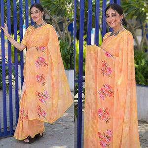 Light Orange Party Wear Digital Printed Georgette Saree
