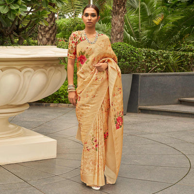 Light Orange Partywear Digital Printed Silk Saree