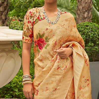 Light Orange Partywear Digital Printed Silk Saree