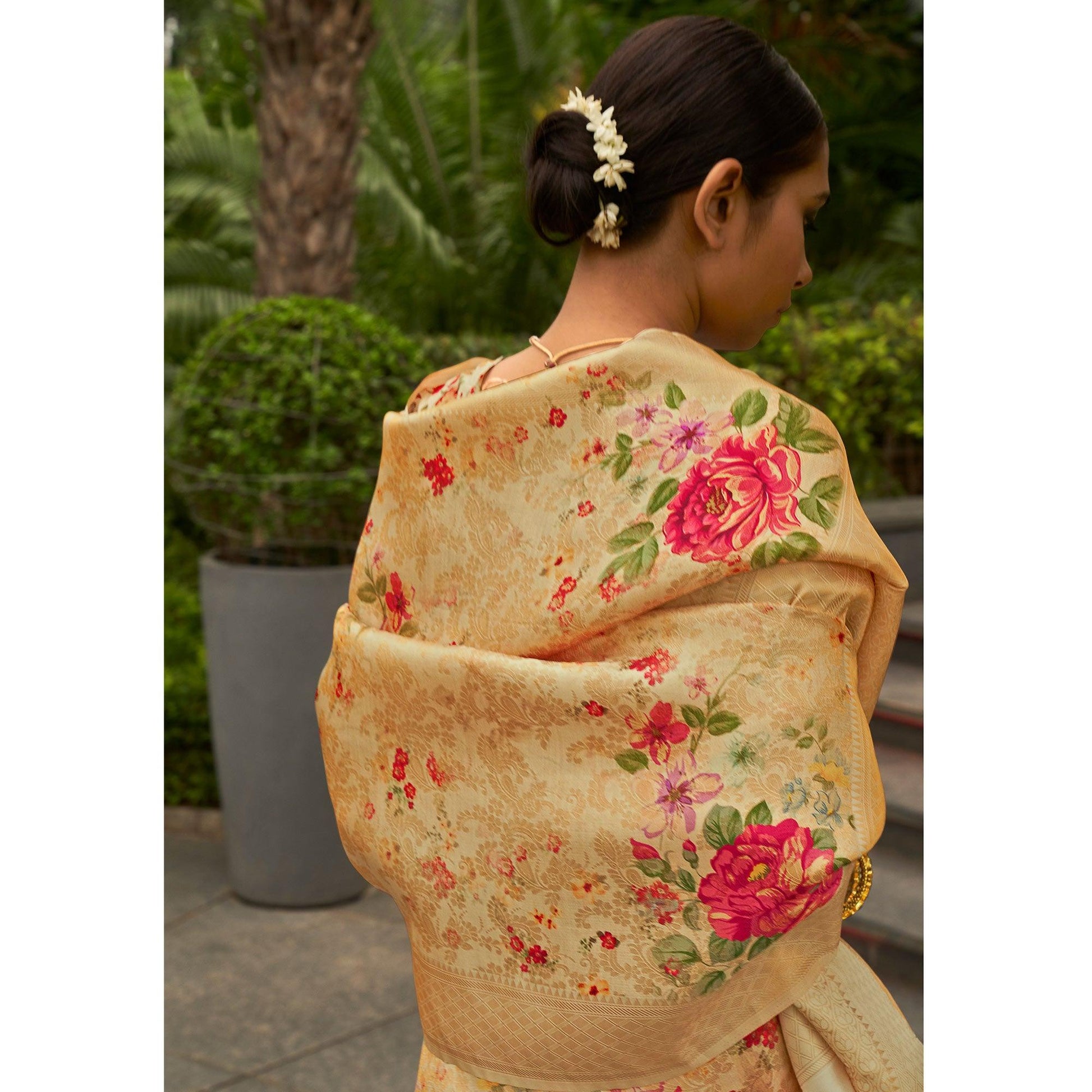 Light Orange Partywear Digital Printed Silk Saree