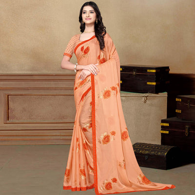 Light Orange Partywear Foil Printed & Embellished Moss Chiffon Saree