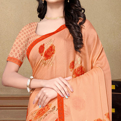 Light Orange Partywear Foil Printed & Embellished Moss Chiffon Saree