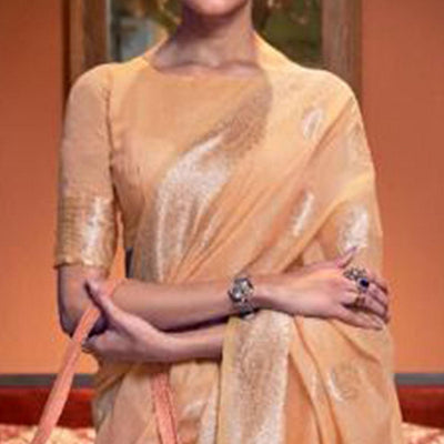 Light Orange Woven Linen Saree With Tassels