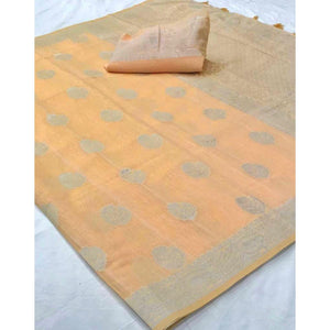 Light Orange Woven Linen Saree With Tassels