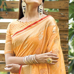 Light Orange Woven Raw Silk Saree With Tassels