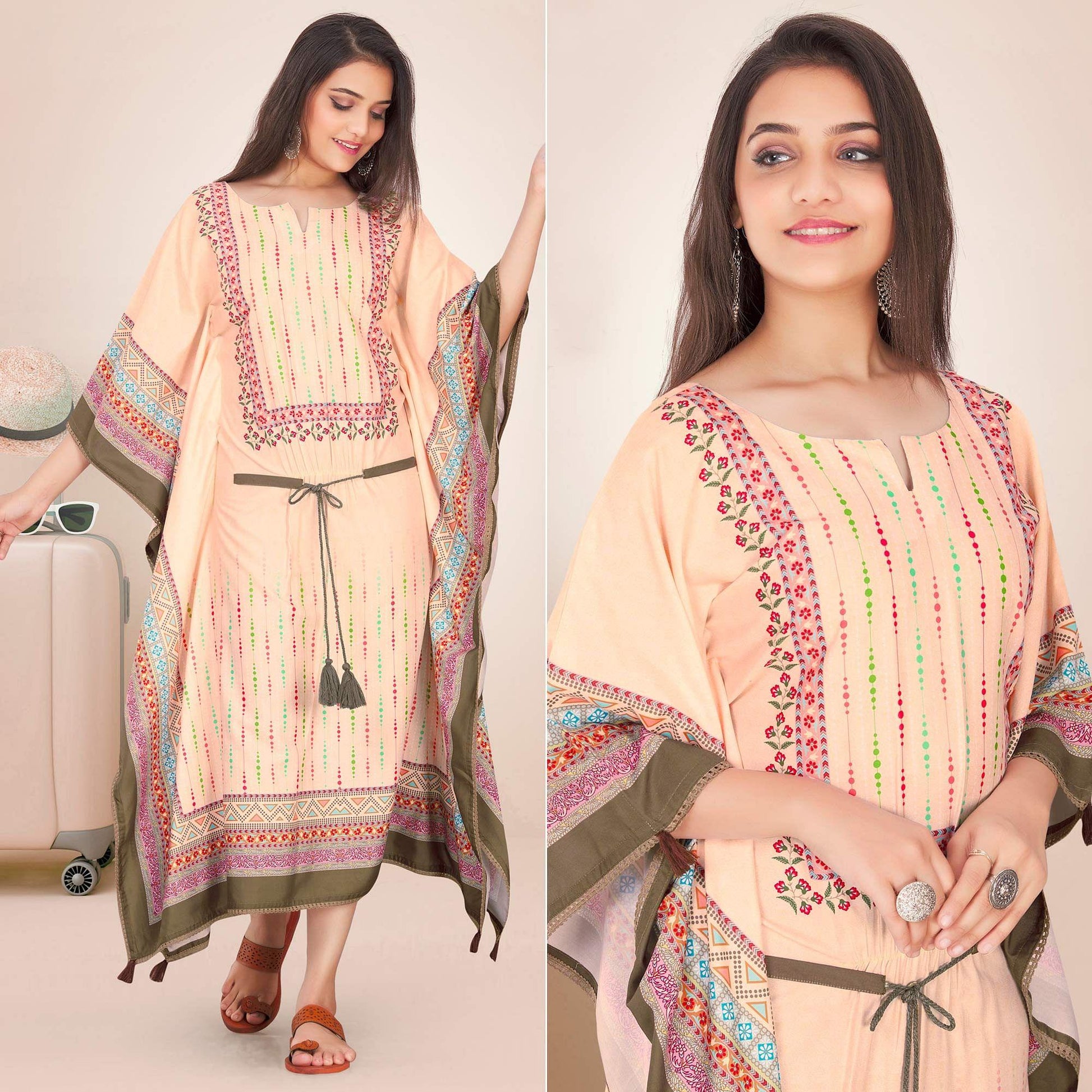 Light Peach Casual Wear Floral Digtial Printed Modal Kaftan Kurti