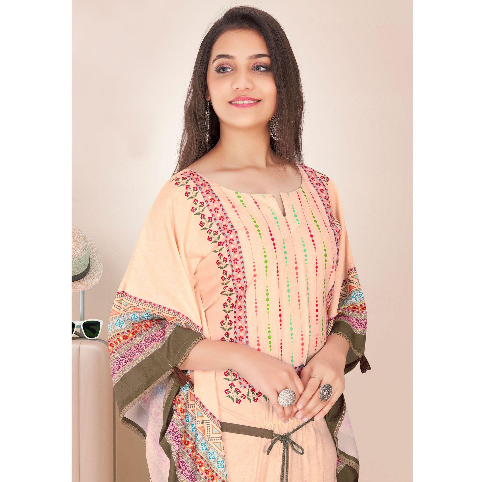 Light Peach Casual Wear Floral Digtial Printed Modal Kaftan Kurti