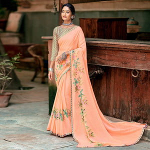 Light Peach Casual Wear Floral Printed Chiffon Saree With Fancy Blouse