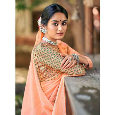 Light Peach Casual Wear Floral Printed Chiffon Saree With Fancy Blouse