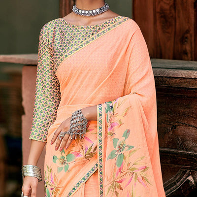 Light Peach Casual Wear Floral Printed Chiffon Saree With Fancy Blouse