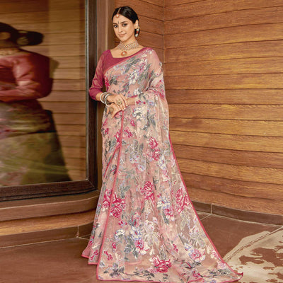 Light Peach Casual Wear Floral Printed Organza Brasso Saree