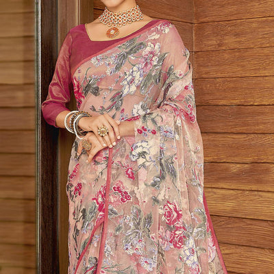 Light Peach Casual Wear Floral Printed Organza Brasso Saree