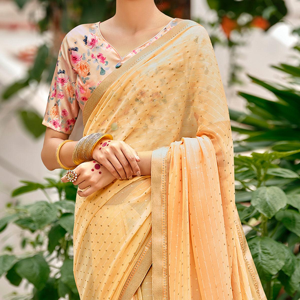 Light Peach Casual Wear Foil Printed Georgette Saree