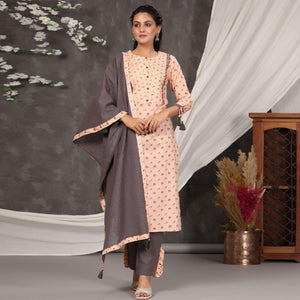 Light Peach Casual Wear Printed Cotton Kurti - Pant Set With Dupatta