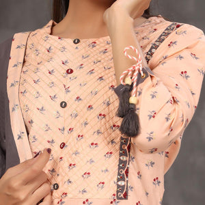 Light Peach Casual Wear Printed Cotton Kurti - Pant Set With Dupatta