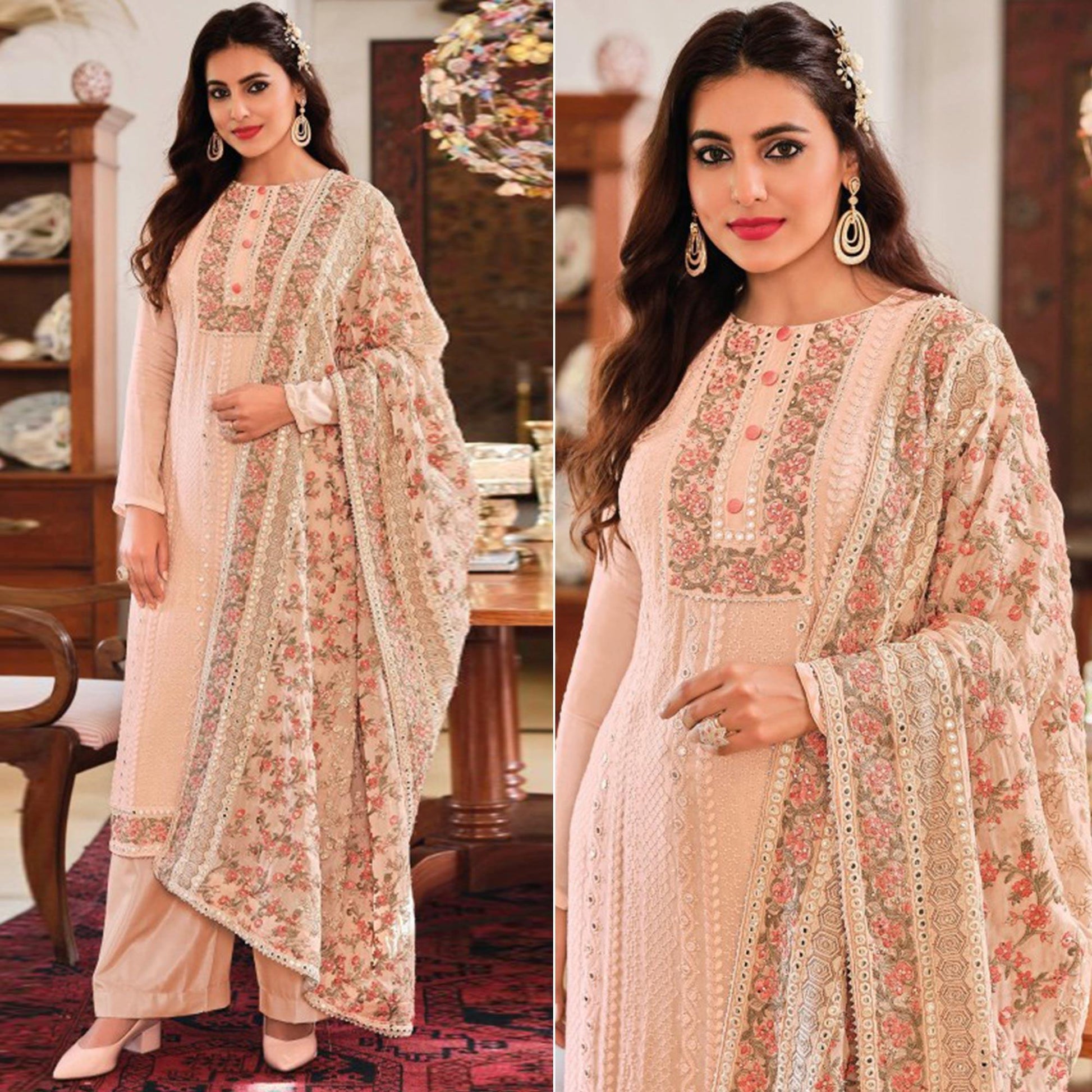 Light Peach Embroidered With Mirror Work Georgette Palazzo Suit