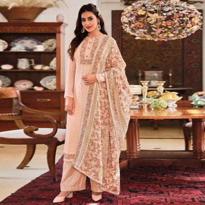 Light Peach Embroidered With Mirror Work Georgette Palazzo Suit