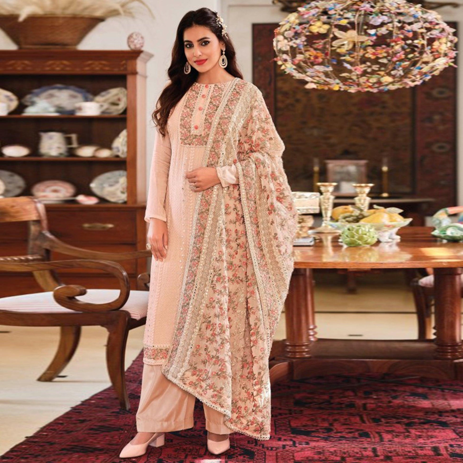 Light Peach Embroidered With Mirror Work Georgette Palazzo Suit