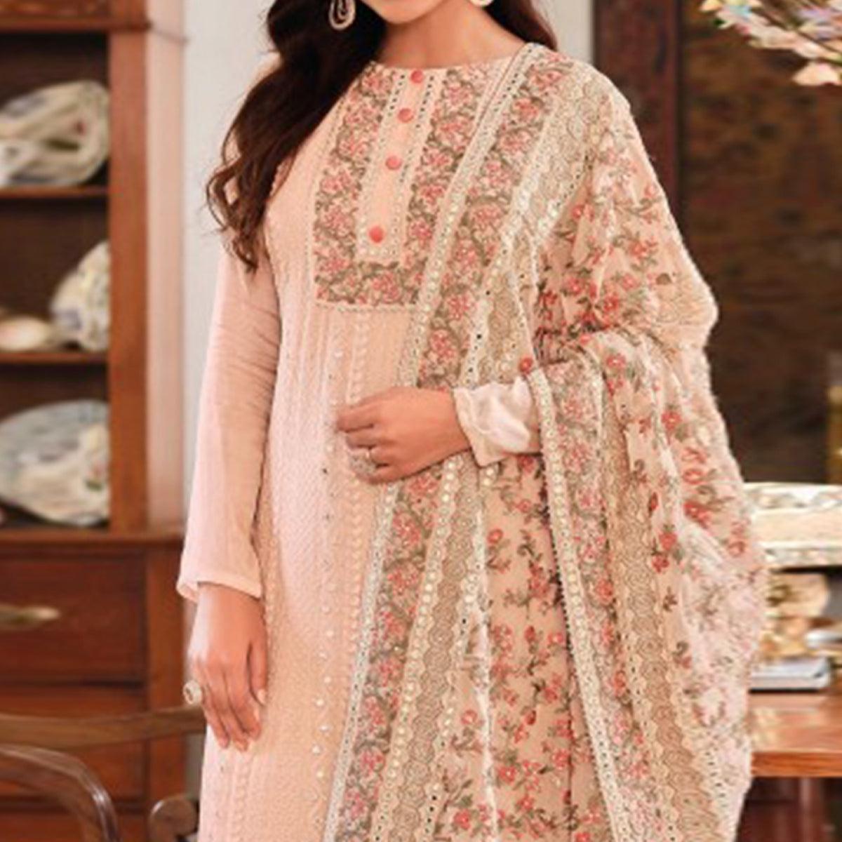 Light Peach Embroidered With Mirror Work Georgette Palazzo Suit