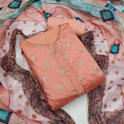 Light Peach Festive Wear Embroidered Chanderi Dress Material