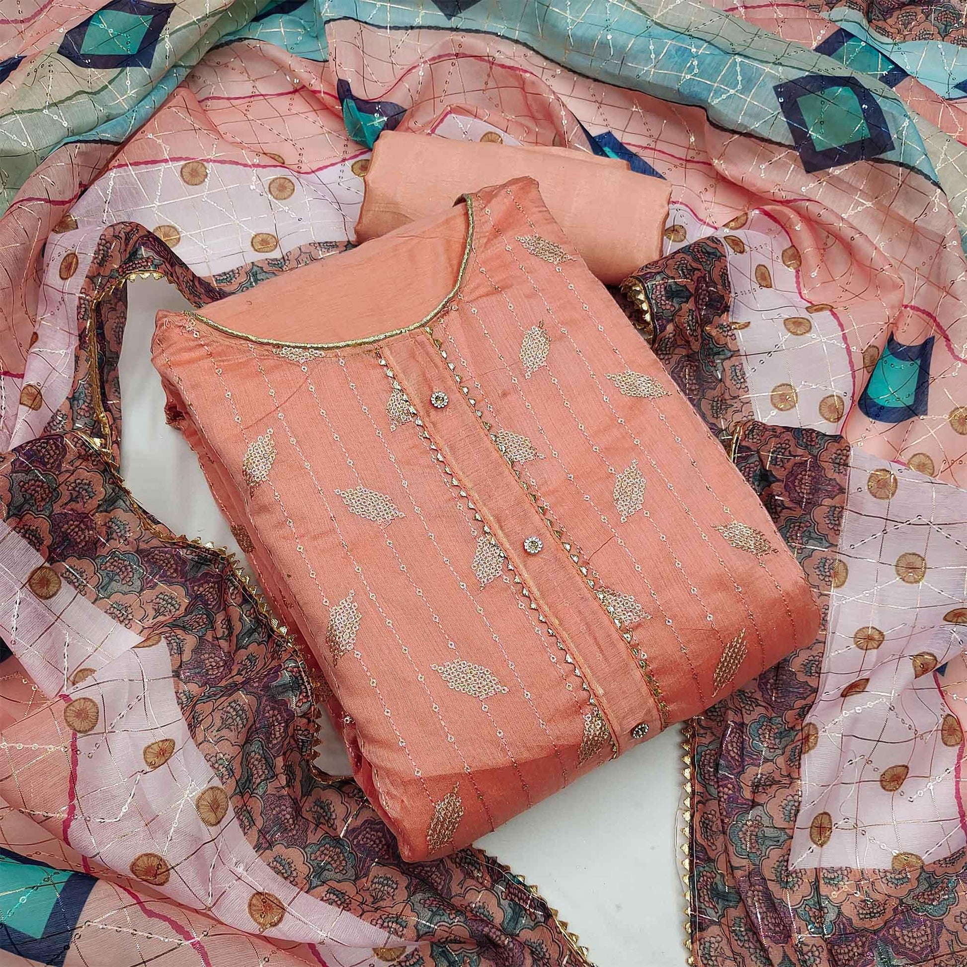 Light Peach Festive Wear Embroidered Chanderi Dress Material