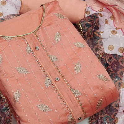 Light Peach Festive Wear Embroidered Chanderi Dress Material