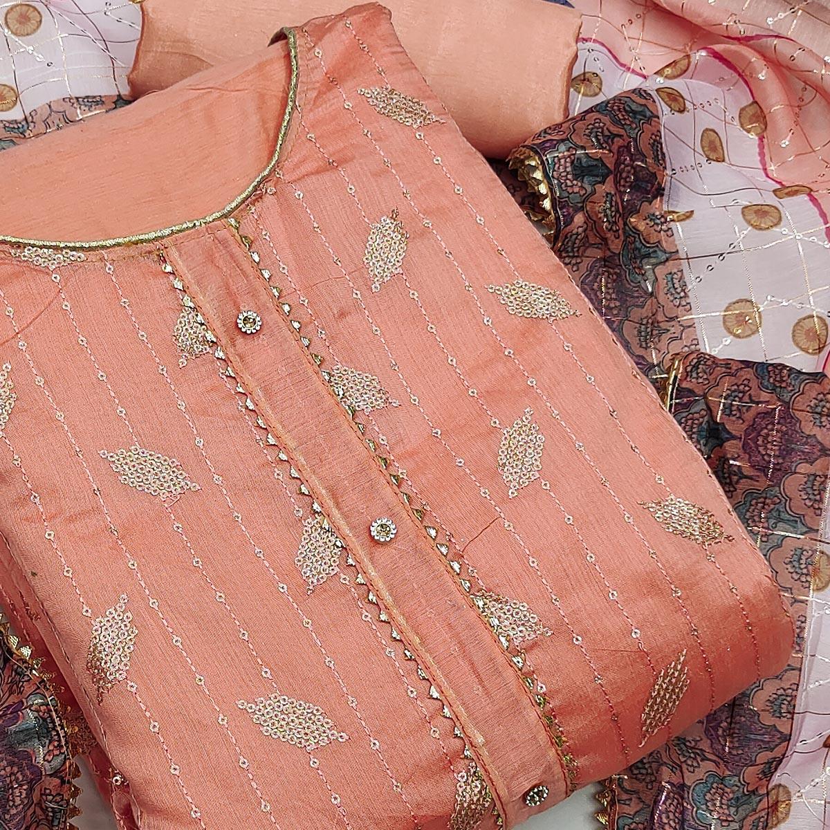Light Peach Festive Wear Embroidered Chanderi Dress Material