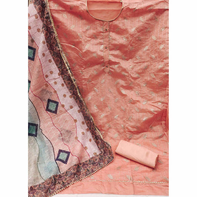 Light Peach Festive Wear Embroidered Chanderi Dress Material
