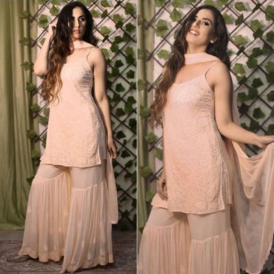 Light Peach Lucknowi Embroidered Georgette Sharara Suit