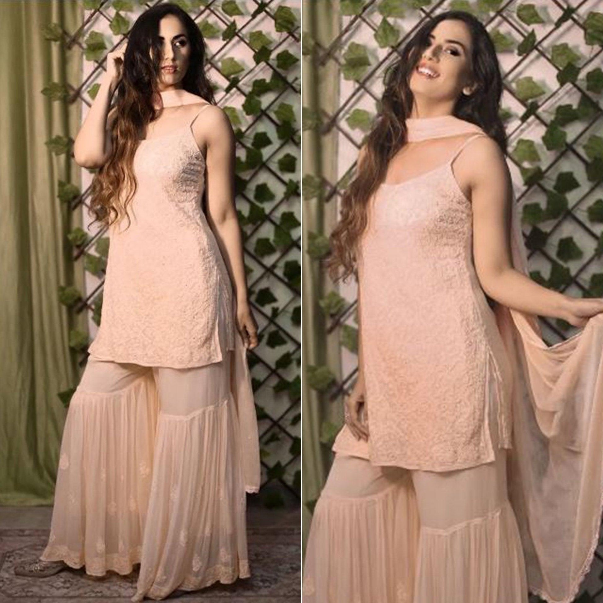 Light Peach Lucknowi Embroidered Georgette Sharara Suit