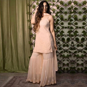 Light Peach Lucknowi Embroidered Georgette Sharara Suit