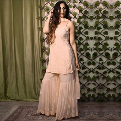 Light Peach Lucknowi Embroidered Georgette Sharara Suit