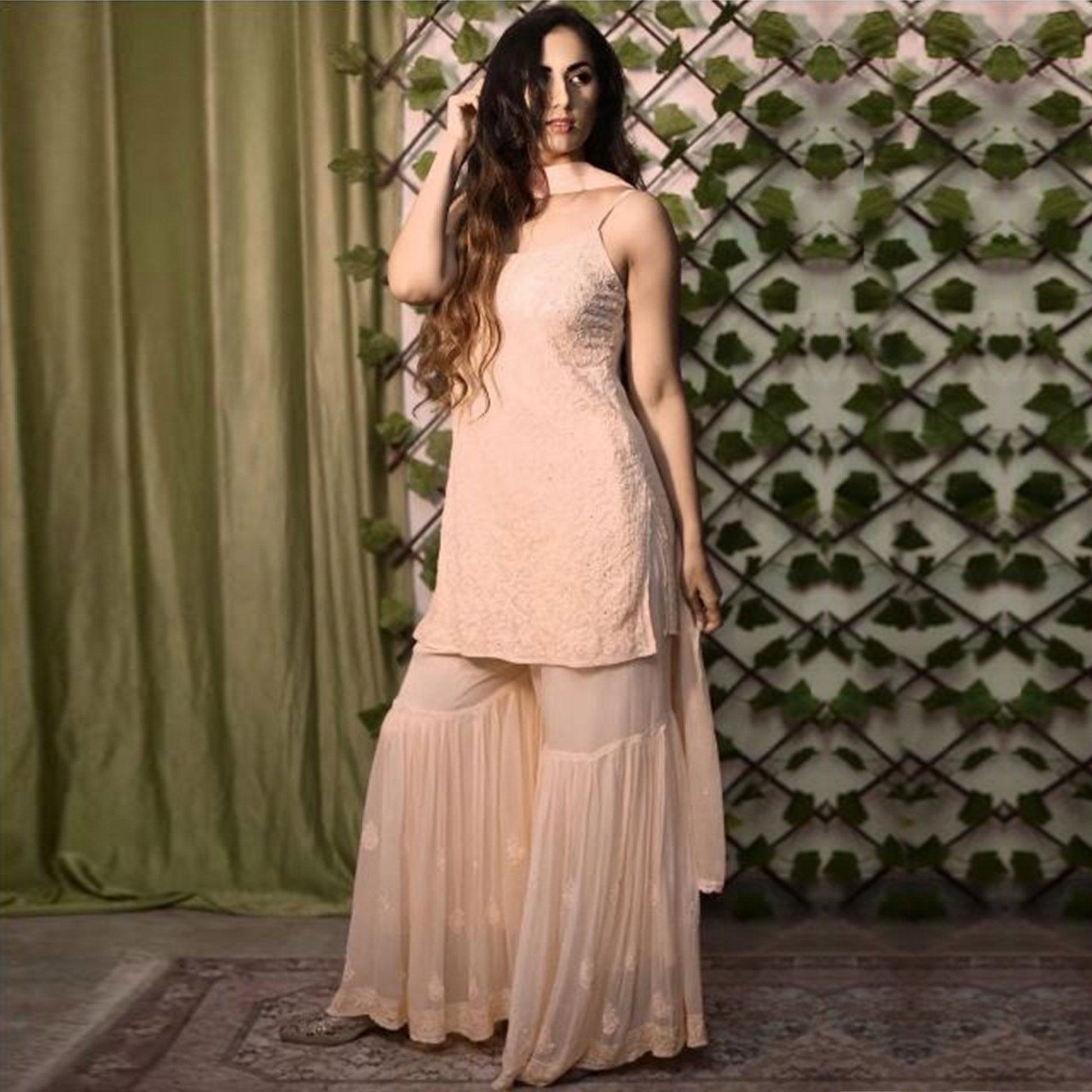 Light Peach Lucknowi Embroidered Georgette Sharara Suit