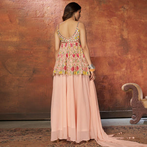 Light Peach Party Wear Embroiddered Georgette Sharara Suit