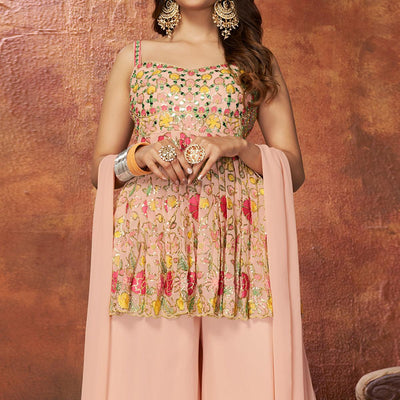 Light Peach Party Wear Embroiddered Georgette Sharara Suit