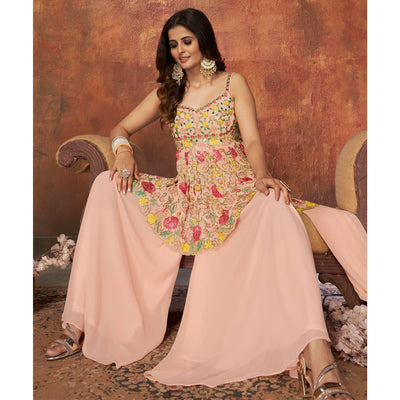 Light Peach Party Wear Embroiddered Georgette Sharara Suit