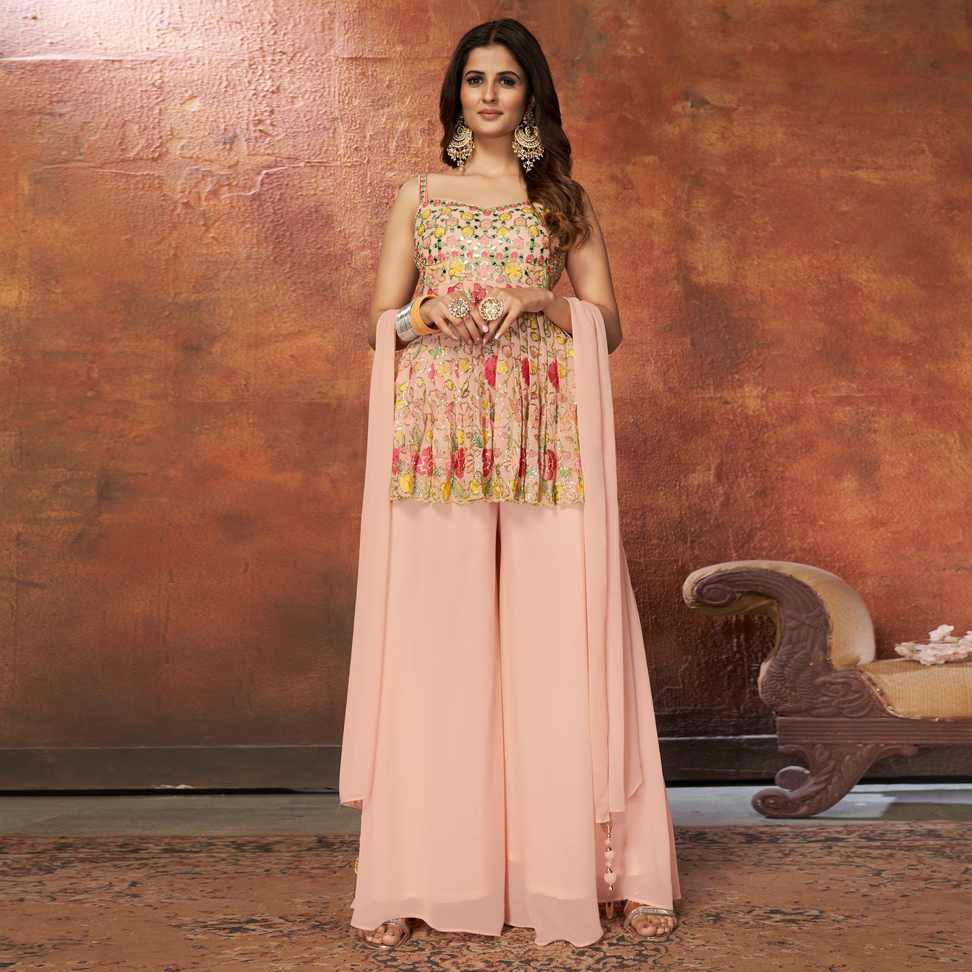 Light Peach Party Wear Embroiddered Georgette Sharara Suit